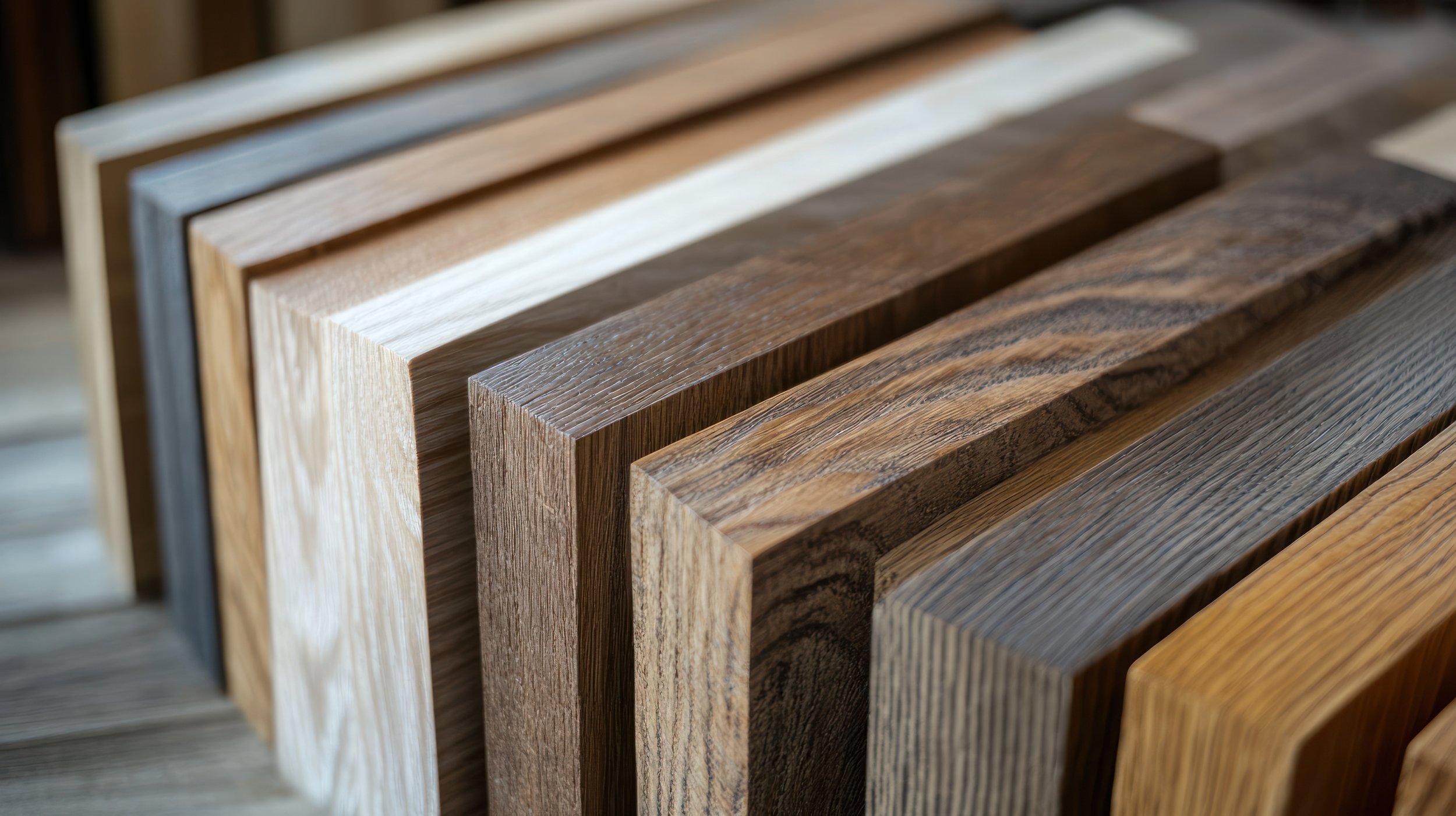A collection of wood samples showcasing a variety of finishes and colors. Each sample is neatly arranged to display the distinctive grain patterns and textures of the wood.